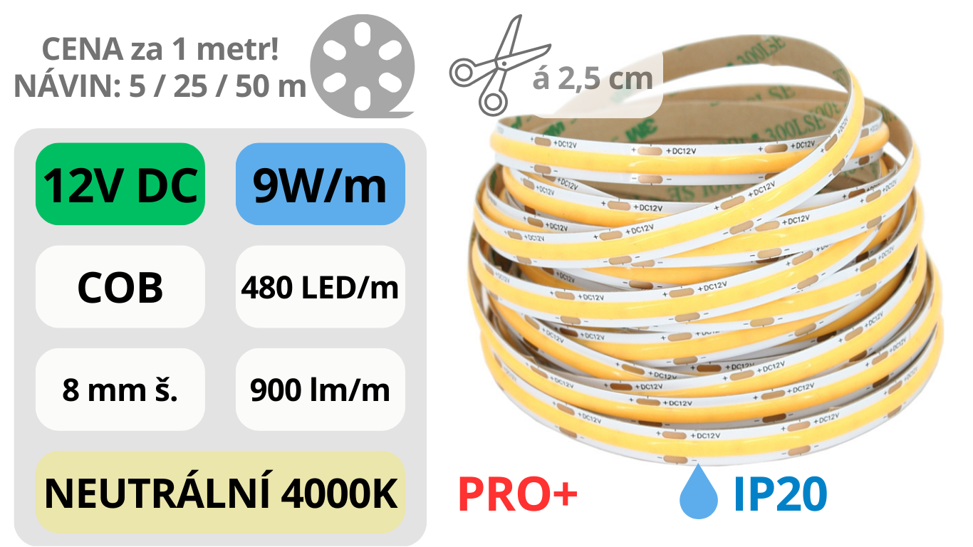 LED pásek COB 12V / 480LED / 9W / 4000K / IP20 / 8mm / PRO+